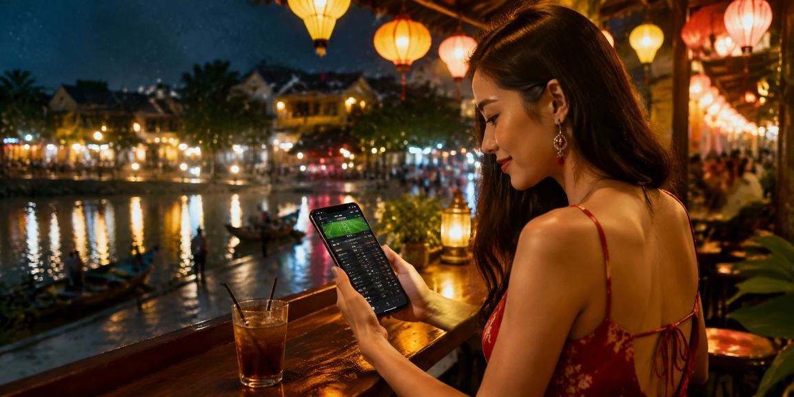Người dùng tại Hội An vừa uống cà phê vừa xem kèo thể thao và casino trên điện thoại